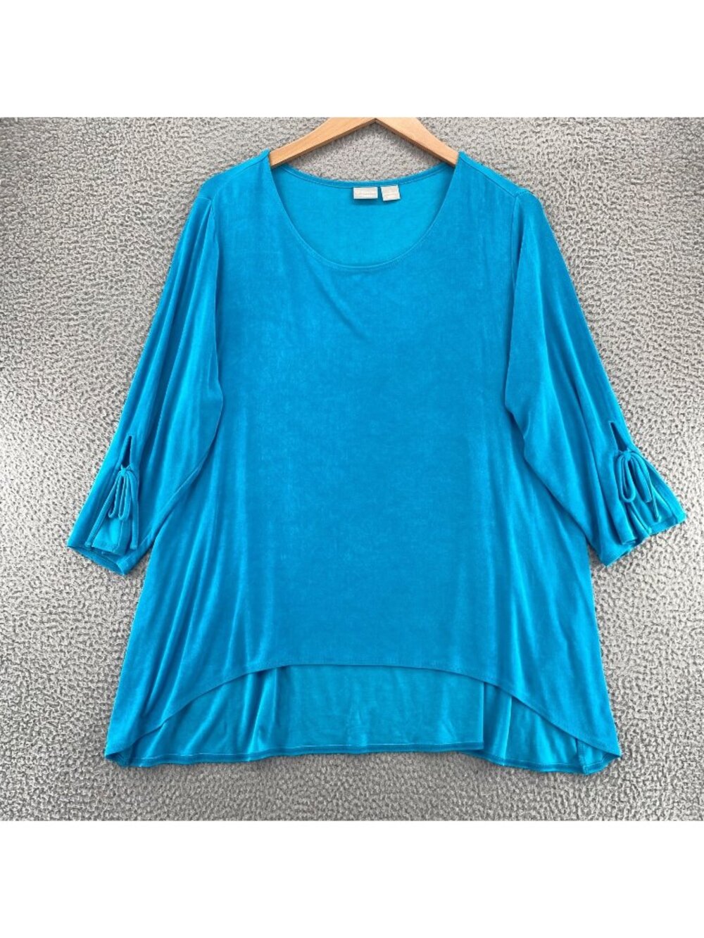 Chicos Top Womens 4 US XXL Blue Travelers Knit 3/4 Tie Sleeves Tunic High Low